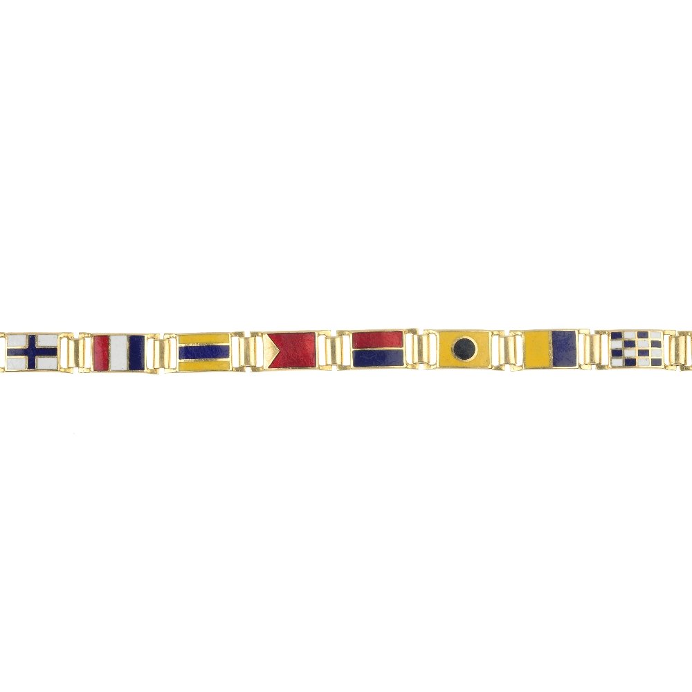 A nautical flag enamel bracelet.: A nautical flag enamel bracelet. Designed as a a series of nine enamel nautical flags, to the plain rectangular-shape terminals and trigger-clasp. Italian marks. Length 21.3cms. Weight 22gms.