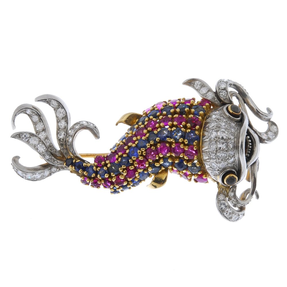 A diamond and gem-set fish brooch. (1 of 1)