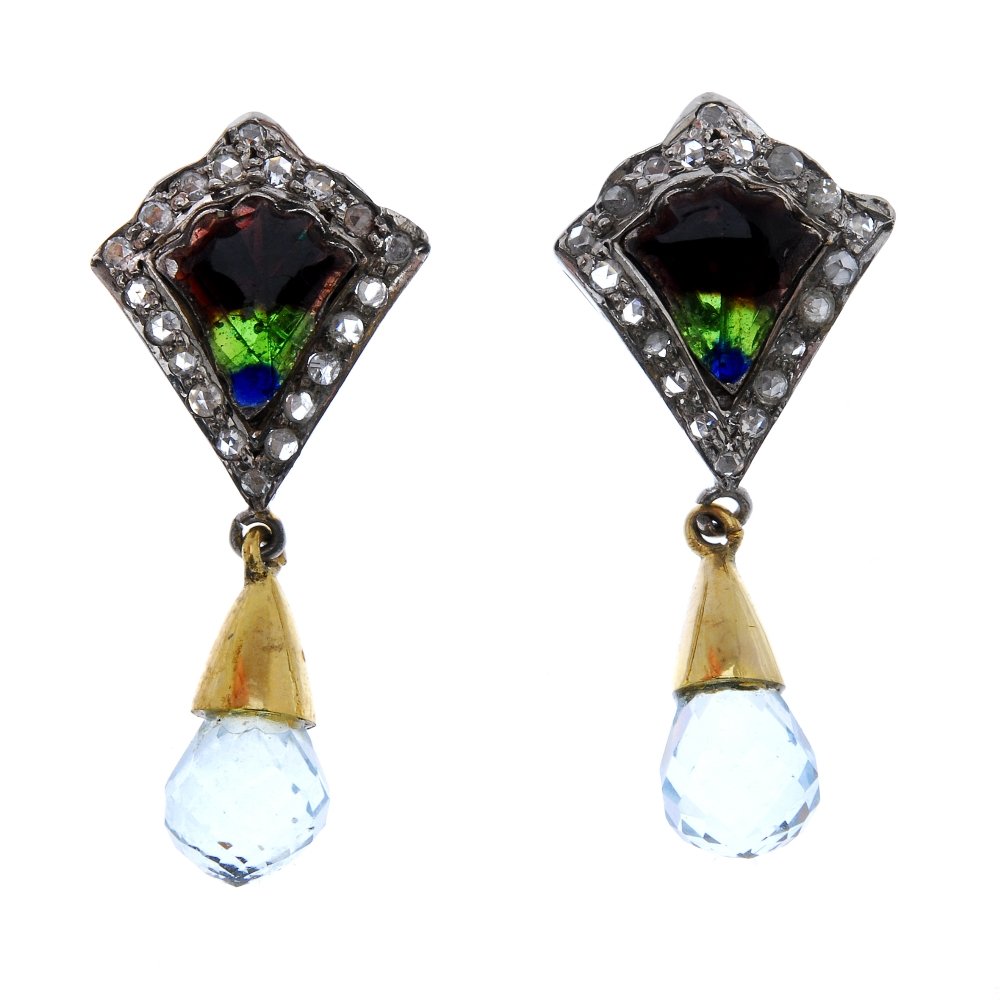 A pair of enamel, aquamarine and diamond ear pendants. (1 of 2)