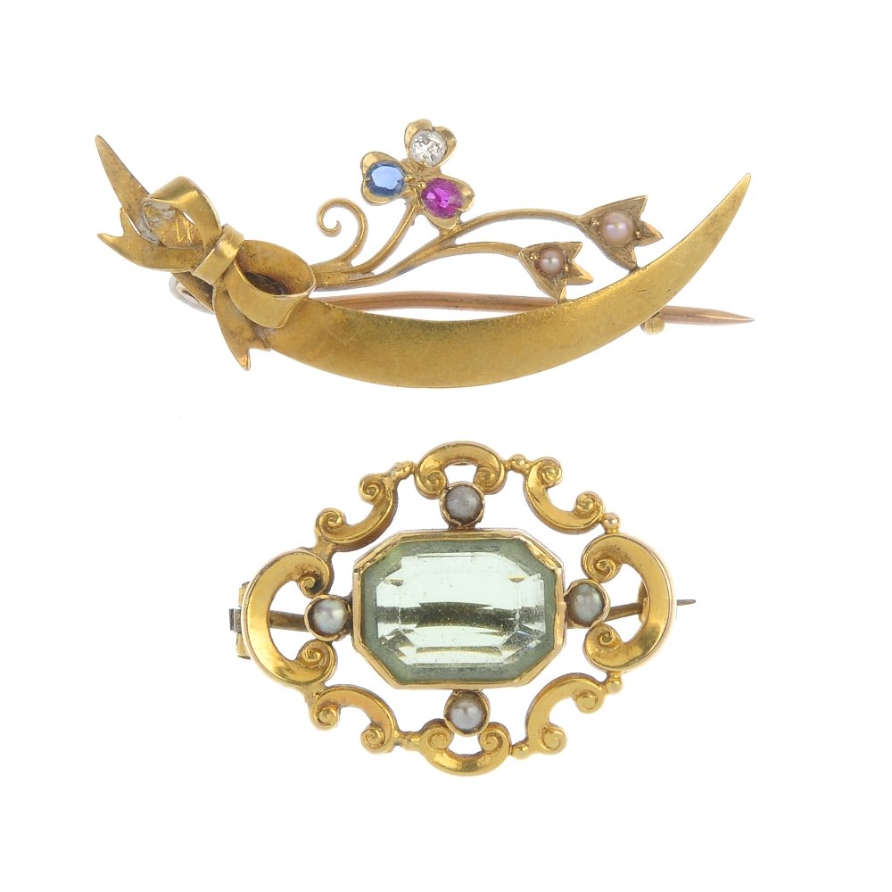 Two late 19th century 15ct gold gem-set brooches. (1 of 2)