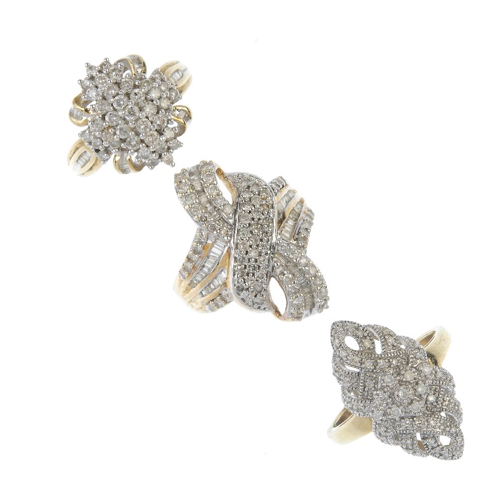 A selection of three 9ct gold diamond dress rings. (1 of 3)