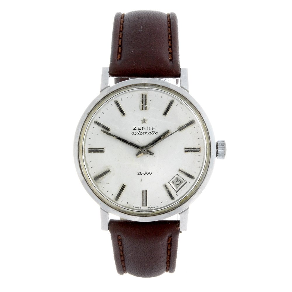 ZENITH - a gentleman's stainless steel 28800 wrist: ZENITH - a gentleman's 28800 wrist watch. Stainless steel case. Numbered 741D013. Signed automatic calibre 2562PC. Silvered dial with baton hour markers, date aperture between four and five. Fitted to