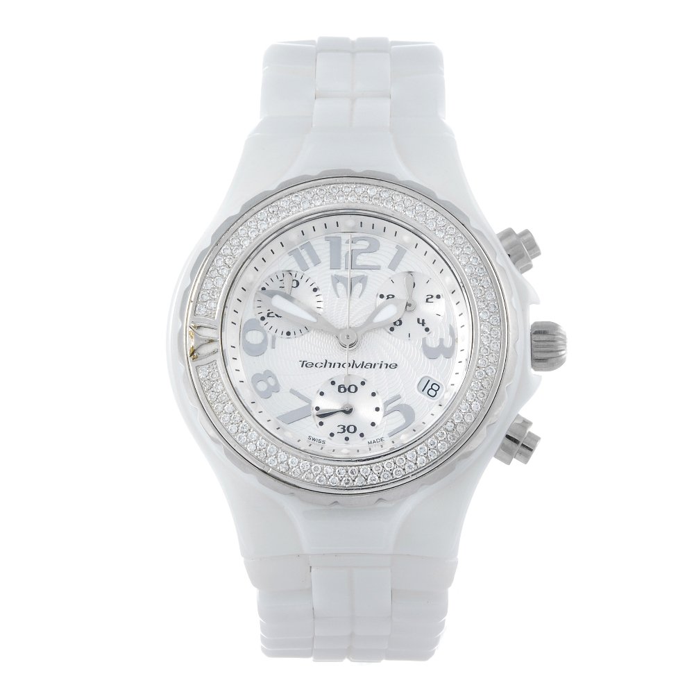 TECHNOMARINE - a lady's ceramic Technodiamond: TECHNOMARINE - a lady's Technodiamond chronograph bracelet watch. Ceramic case with factory set diamond bezel and stainless steel case back. Numbered 02705. Unsigned quartz movement with quick date se