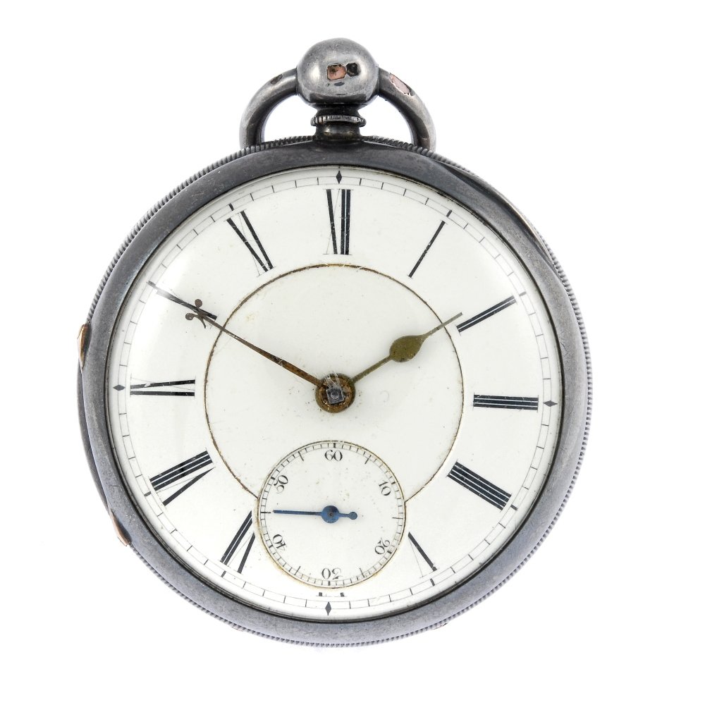 A silver open face pocket watch together with a gold: An open face pocket watch. Silver case, hallmarked Chester 1877. Numbered 14201. Unsigned key wind full plate fusee and chain movement with ratchet tooth lever escapement. White enamel dial with Roman