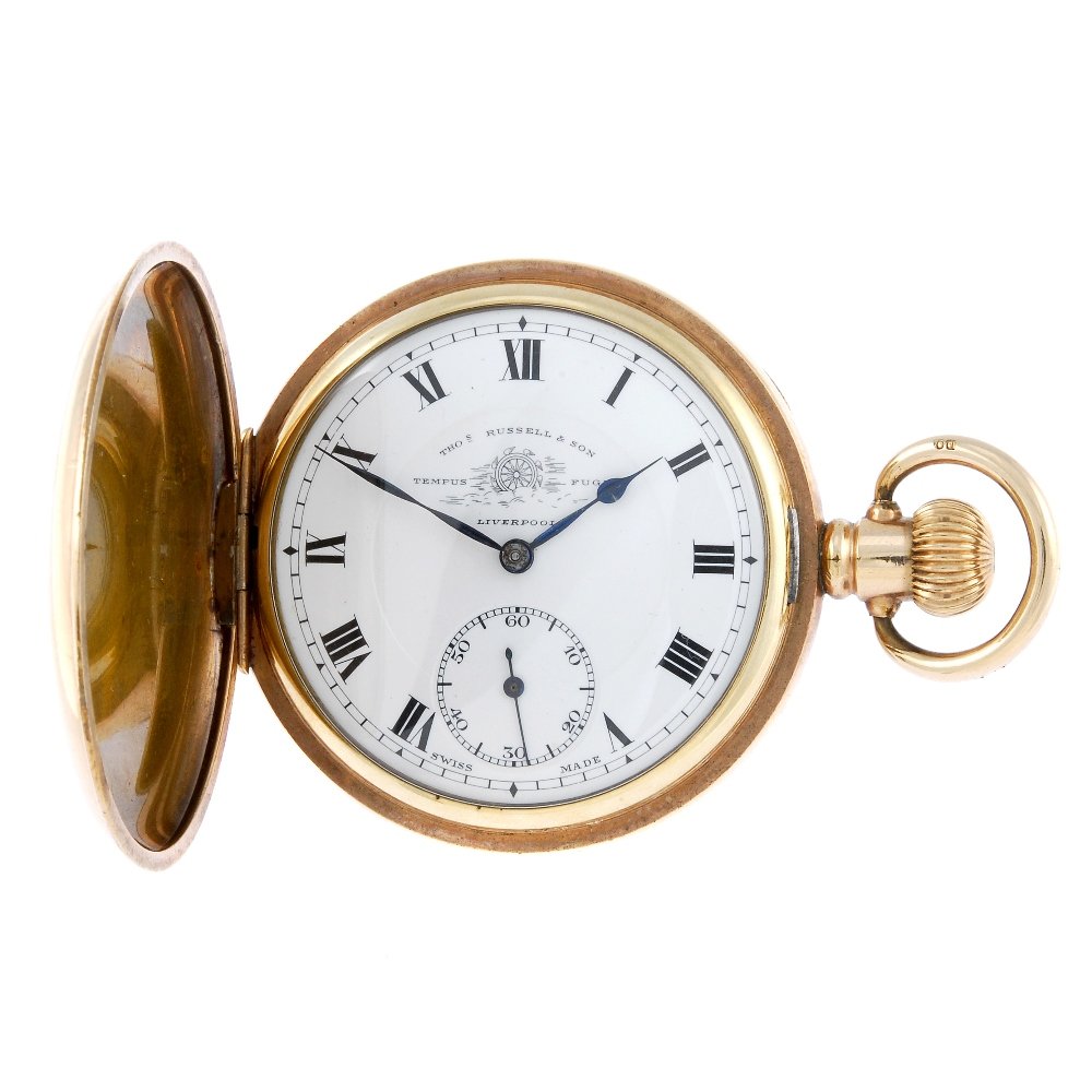 A gold plated full hunter pocket watch by Thomas: A full hunter pocket watch by Thomas Russell & Son. Gold plated case. Signed keyless wind fifteen jewel movement with club tooth lever escapement. White dial with Roman numeral hour markers, subsidiar