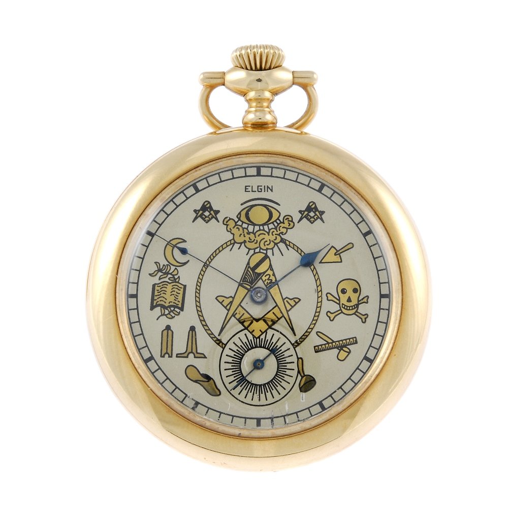 A yellow metal open face pocket Masonic pocket watch by: An open face pocket Masonic pocket watch by Elgin. Yellow metal case with engraved monogram to the case back and personal engraving inside the case back, stamped 14K 585. Signed keyless wind seventeen