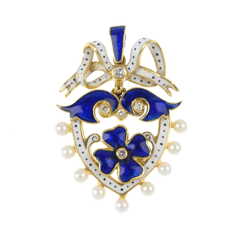 An 18ct gold diamond, seed pearl and enamel pendant. (1 of 2)