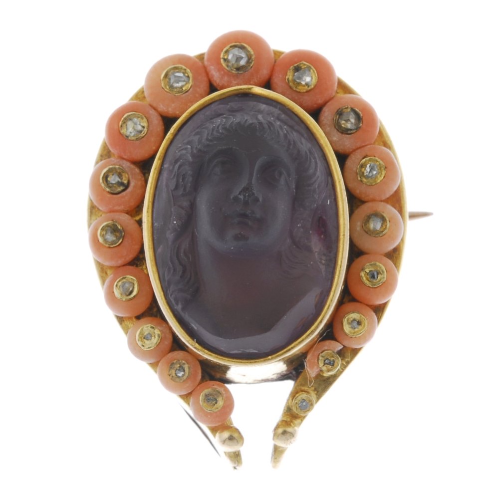 A late 19th century amethyst, coral and diamond cameo (1 of 2)