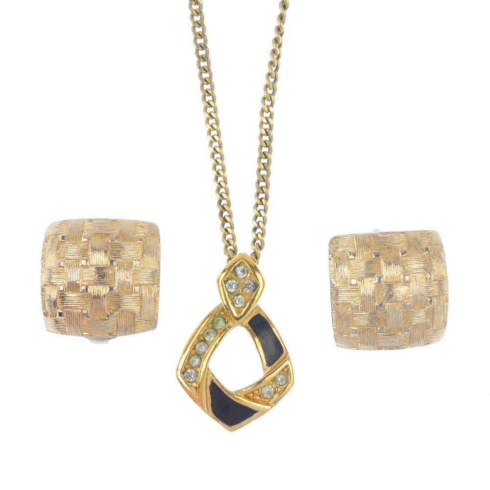 CHRISTIAN DIOR - a pendant and a pair of ear clips.: CHRISTIAN DIOR - a pendant and a pair of ear clips. The ear clips designed square-shape ear clips with a basket-weave texture to both, together with a necklace, the curb-link chain suspending a diamon