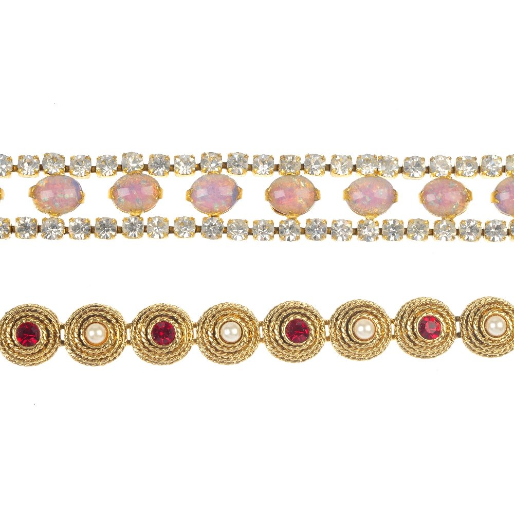 A selection of paste costume jewellery.: A selection of paste costume jewellery. To include a colourless paste bracelet, the vari-cut pastes in abstract floral clusters, to the push-piece clasp, together with a necklace of similar design wit