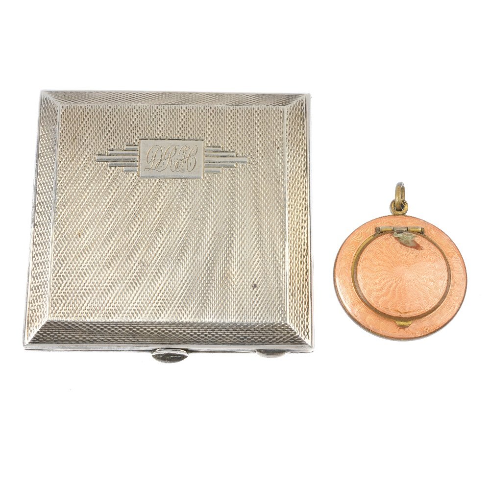 Two compacts.: To compacts. The first of circular outline, with engine turned peach enamel front and back with a smaller circular opening revealing an interior mirror, together with a square compact, engine turned t