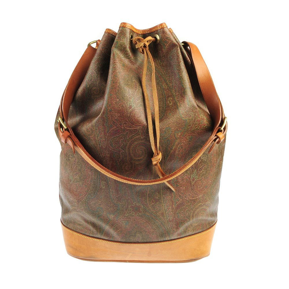 ETRO - a paisley print bucket bag.: ETRO - a paisley print bucket bag. Designed with a coated canvas exterior featuring a brown faded paisley print pattern, tan leather base and trim, drawstring closure, single flat leather shoulder str