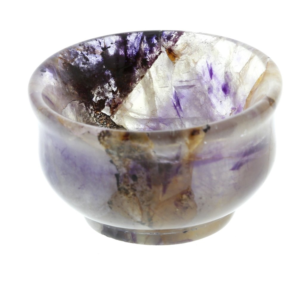 A small Blue John bowl: A small Blue John salt Of bulging cauldron form, with lilac and amethyst tones on a clear ground with rust-coloured veining, 37mm rim diameter x 20mm high, 38gms.