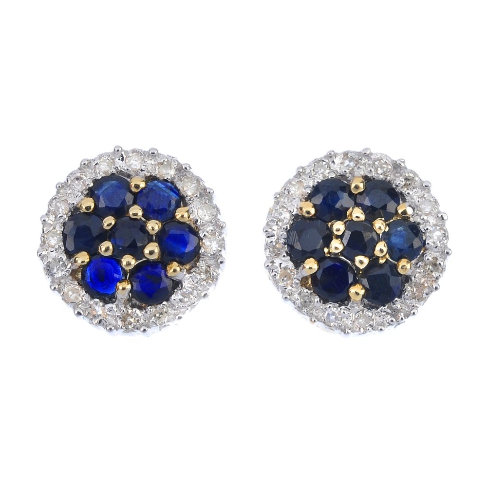 A pair of 9ct gold sapphire and diamond ear studs. (1 of 2)