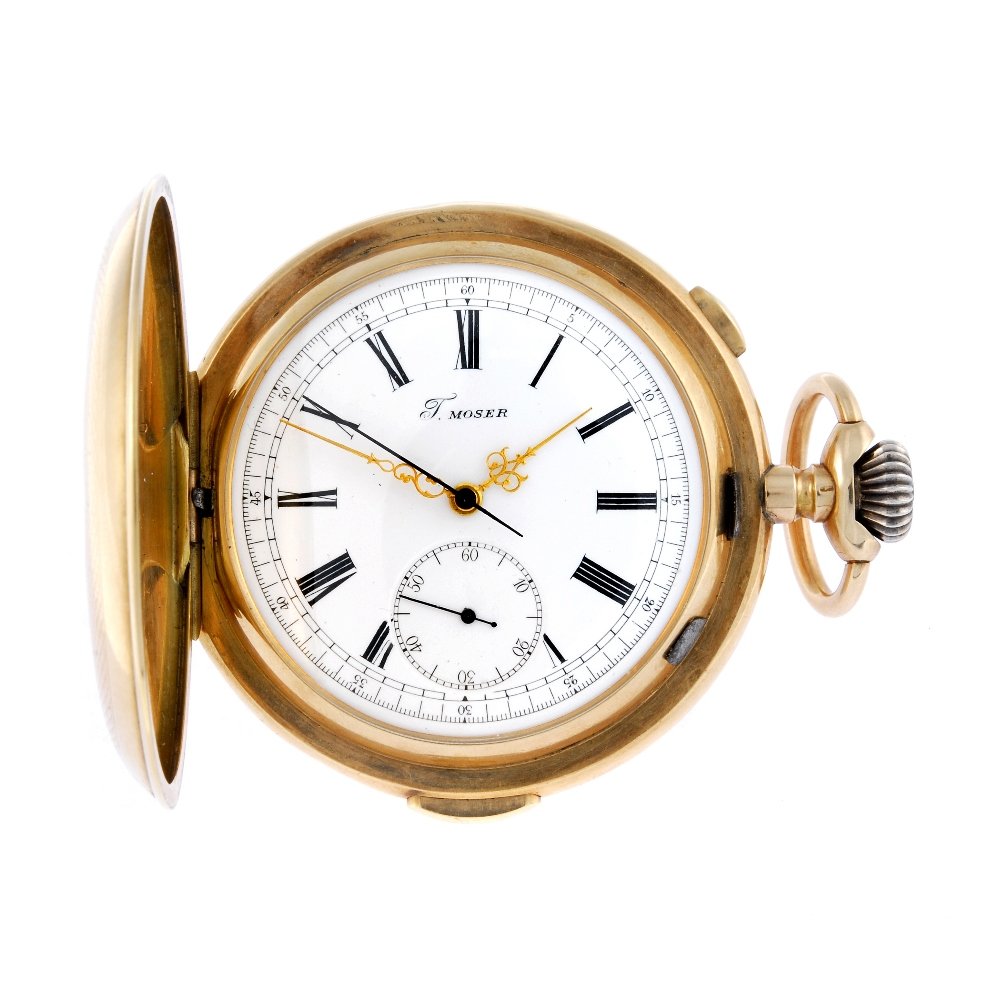 A yellow metal full hunter quarter repeater chronograph: A full hunter quarter repeater chronograph pocket watch by T. Moser. Yellow metal case with personal engraving to the inside of the front cover, stamped 14K with poincon. Numbered 74480. Unsigned keyl