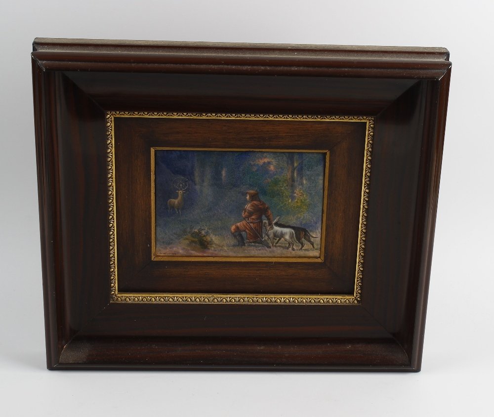 A good Limoges enamel plaque.: A good Limoges enamel plaque Of convex rectangular form decorated with 'La Legende de St. Hubert', the kneeling figure seeing Christ as a stag in a woodland clearing, signed 'Faure Limoges' [Camille F