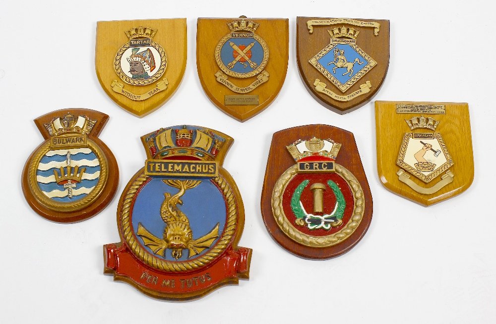 Ten hand painted moulded and other ships crests.: Ten hand painted moulded and other ships crests. Tartar, Birmingham, Telemachus, Vernon, Birmingham, Philomel, Canberra, Bulwark, Royal Sovereign and GRC.