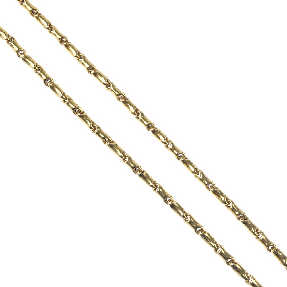 CHIMENTO - an 18ct gold necklace.: CHIMENTO - an 18ct gold necklace. The fancy-link chain, with lobster clasp. Signed Chimento. Hallmarks for London, 2003. Length 45cms. Weight 11.6gms.