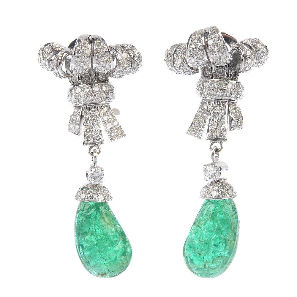 A pair of emerald and diamond ear pendants. (1 of 2)
