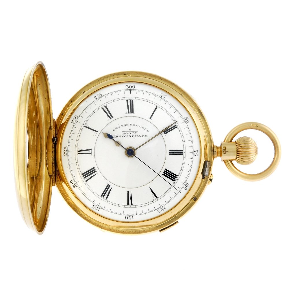 An 18ct gold centre half hunter pocket watch.: A full hunter centre seconds pocket watch. 18ct yellow gold case with engraved monogram to case back, hallmarked London 1885. Numbered 60077. Unsigned keyless wind movement with ratchet tooth lever es