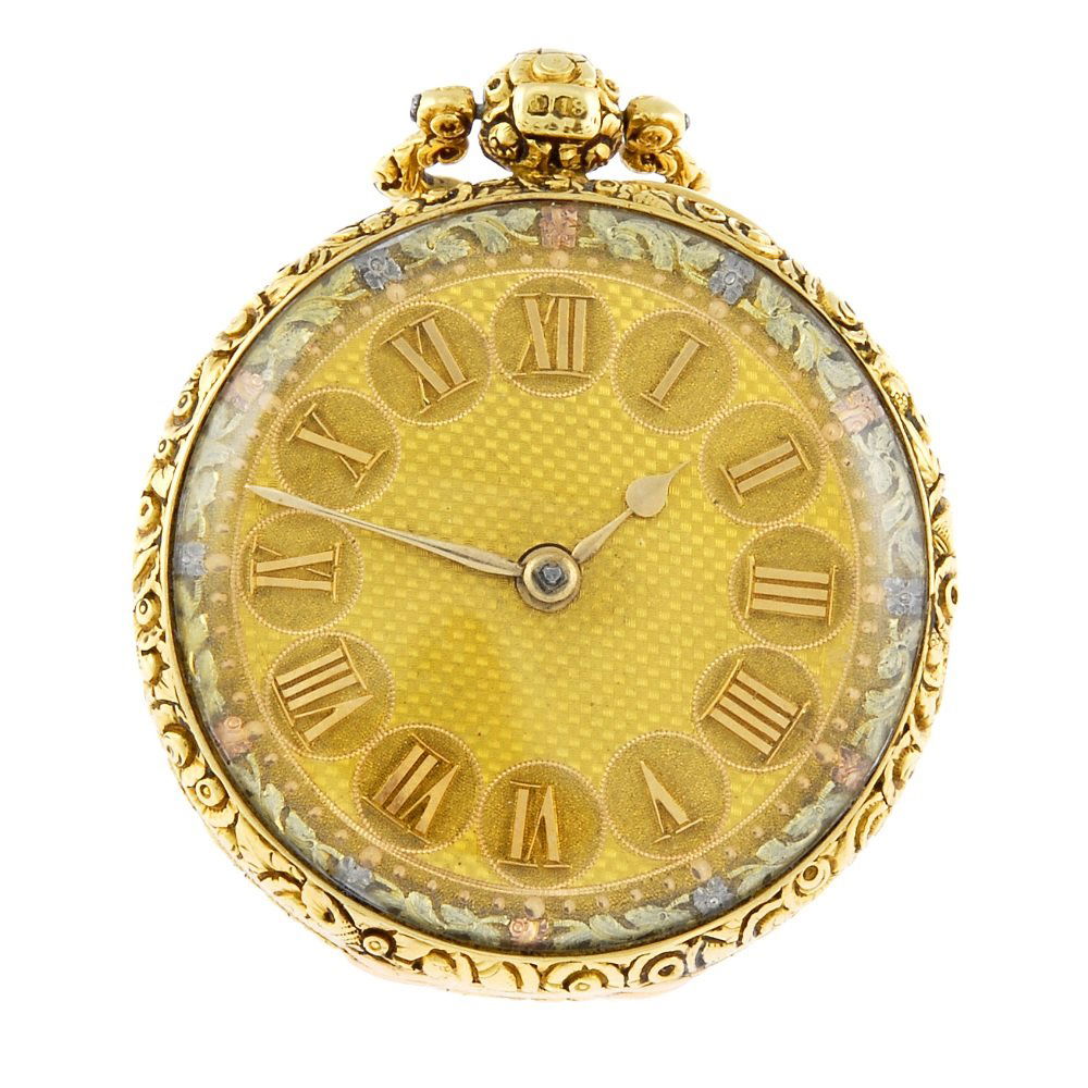 An 18ct gold open face pocket watch by John Taylor.: An open face pocket watch by John Taylor. 18ct yellow gold case, hallmarked London 1825. Signed key wind full plate fusee and chain movement with cylinder escapement. Gilt dial with Roman numeral hour