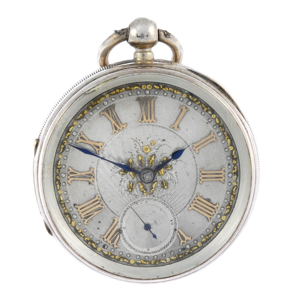A silver open face pocket watch by J.Harris with a gold: An open face pocket watch by J.Harris. Silver case with personal engraving inside the case back, hallmarked Chester 1888. Signed key wind full plate fusee and chain movement with ratchet tooth lever e