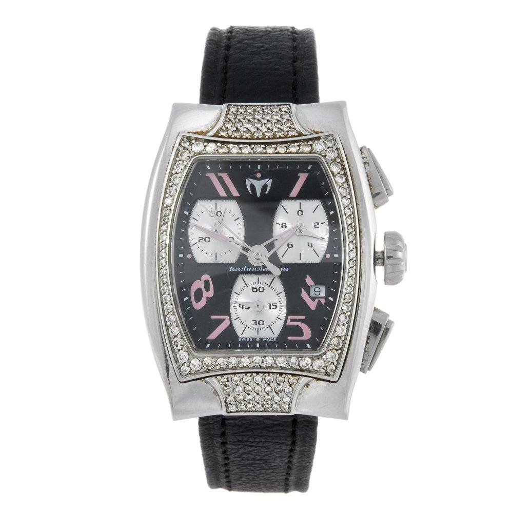 TECHNOMARINE - a stainless steel chronograph wrist: TECHNOMARINE - a chronograph wrist watch. Stainless steel case with factory diamond set bezel. Reference TS 18243. Unsigned quartz movement with quick date set. Black dial with Arabic numeral one, fou
