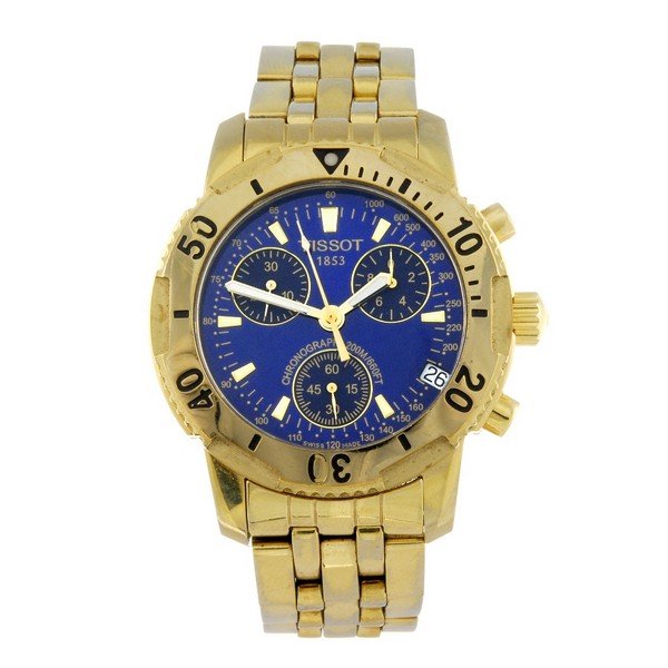 TISSOT - a gentleman's gold plated PRS200 chronograph: TISSOT - a gentleman's PRS200 chronograph bracelet watch. Gold plated case with stainless steel case back and calibrated bezel. Reference T362/462, serial SKP-HA-74022-R. Unsigned quartz movement with