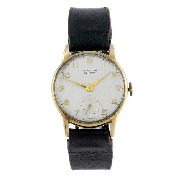J.W. BENSON - a gentleman's 9ct yellow gold wrist: J.W. BENSON - a gentleman's 9ct yellow gold wrist watch. J.W. BENSON - a gentleman's wrist watch. 9ct yellow gold case, hallmarked Birmingham. Numbered 12858 940278. Signed manual wind movement. Silve