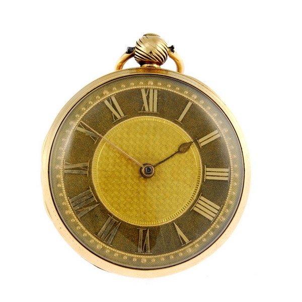 An 18ct yellow gold open face pocket watch by John: An open face pocket watch by John Moncas. 18ct gold case, hallmarked London 1823. Signed key wind full plate fusee and chain movement with ratchet tooth lever escapement and diamond end stone. Gilt di