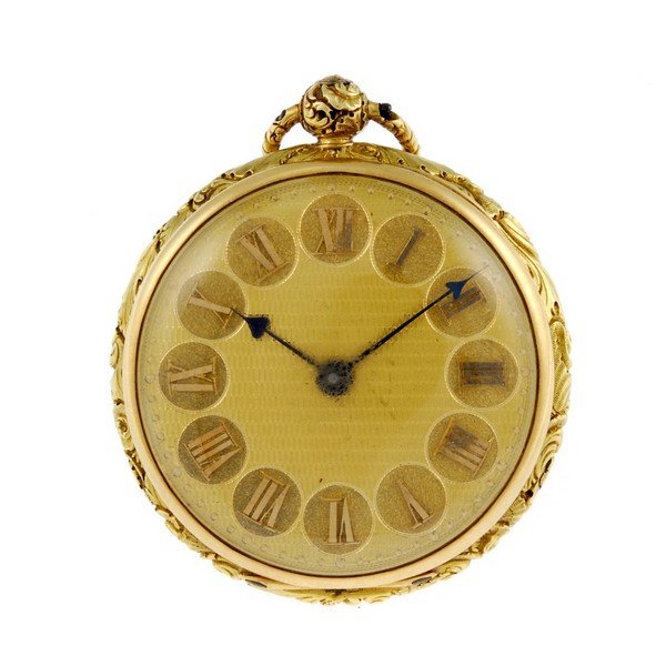 An 18ct yellow gold open face pocket watch by: An open face pocket watch by Finsterer. 18ct yellow gold case, hallmarked London 1823. Signed key wind full plate fusee and chain movement with ratchet tooth lever escapement and diamond end stone. Gi