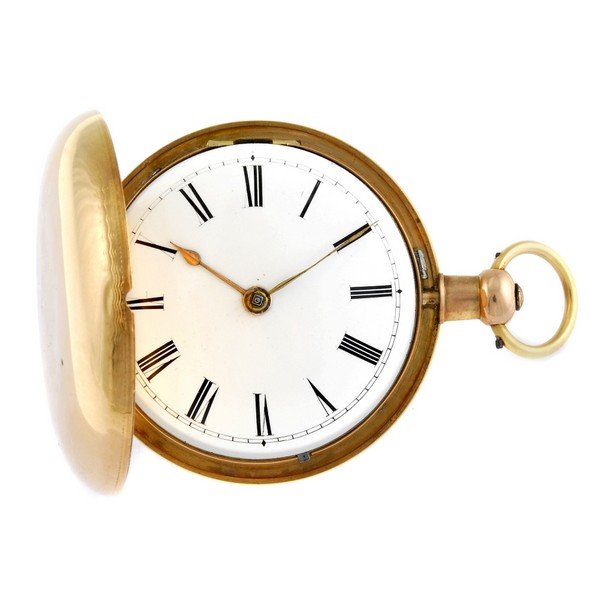 An 18ct yellow gold full hunter pocket watch by Henry: A full hunter pocket watch by Henry Harris. 18ct yellow gold case with crest and Latin motto to case back, hallmarked London 1809. Signed key wind full plate fusee and chain movement with ratchet toot