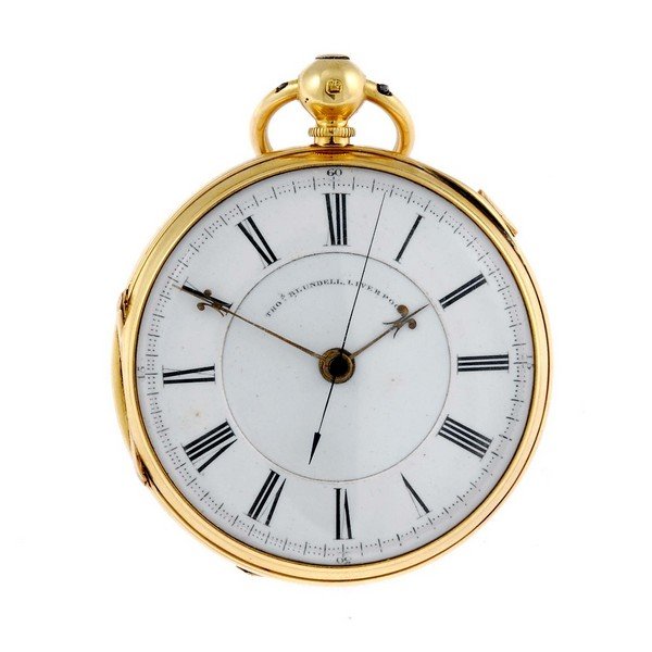 An 18ct yellow gold open face centre seconds pocket: An open face centre seconds pocket watch by Thomas Blundell. 18ct yellow gold case, hallmarked Chester 1876. Numbered 17531. Signed three quarter plate movement with ratchet tooth lever escapement. Wh