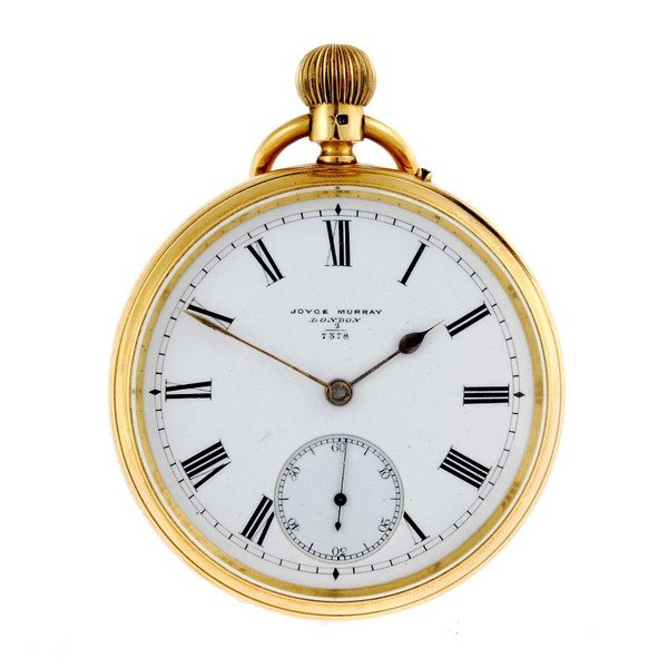 An 18ct yellow gold open face pocket watch by Joyce: An open face pocket watch by Joyce Murray. 18ct yellow gold case, hallmarked London 1882. Numbered 7378. Signed keyless wind three quarter plate movement with ratchet tooth lever escapement. White ena
