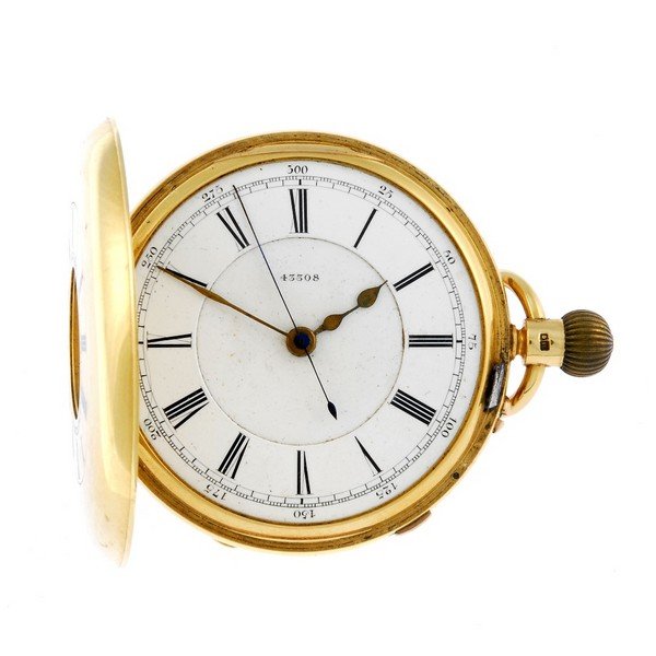 An 18ct yellow gold half hunter centre seconds pocket: A half hunter centre seconds pocket watch by J. Duncan. 18ct yellow gold case, hallmarked Chester 1891. Numbered 43308. Signed keyless wind three quarter plate movement with ratchet tooth lever escape