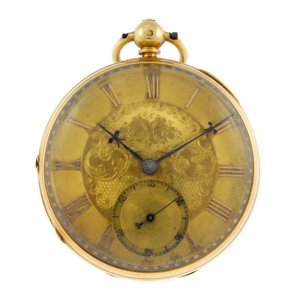 A 18ct yellow gold open face pocket watch by Shaw.: An open face pocket watch by Shaw. 18ct yellow gold case, hallmarked London 1837. Signed full plate key wind fusee and chain movement with ratchet tooth lever escapement. Gilt dial with Roman numeral