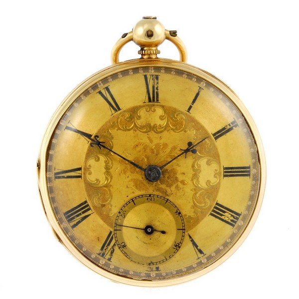 An 18ct yellow gold open face pocket watch by R. Earl.: An open face pocket watch by R. Earl. 18ct yellow gold case, hallmarked Chester 1842. Numbered 862. Signed key wind full plate fusee and chain movement with ratchet tooth lever escapement. Gilt dial w