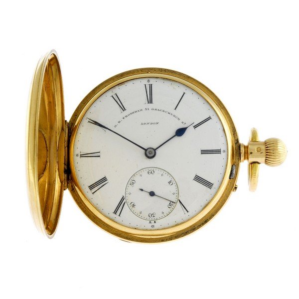 An 18ct yellow gold full hunter pocket watch by G.E: A full hunter pocket watch by G.E. Frodsham, London. 18ct yellow gold case, hallmarked London 1875. Signed keyless wind three quarter plate movement with ratchet tooth lever escapement, split bi-metal