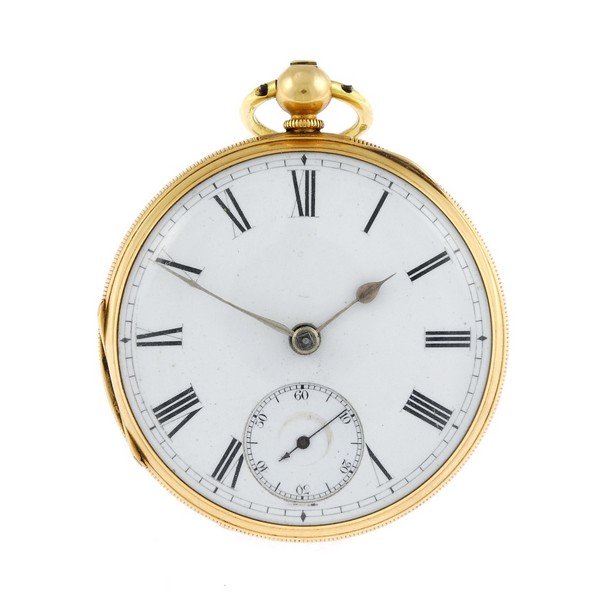 An 18ct yellow gold open face pocket watch.: An open face pocket watch. 18ct yellow gold case, hallmarked London 1875. Unsigned key wind full plate fusee and chain movement with ratchet tooth lever escapement. White enamel dial with Roman numera