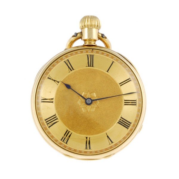 An 18ct yellow gold open face pocket watch by Payne &: An open face pocket watch by Payne & Co. 18ct yellow gold case, hallmarked London 1865. Signed keyless wind Swiss bar movement with ratchet tooth lever escapement. Gilt dial with Roman numeral hour ma