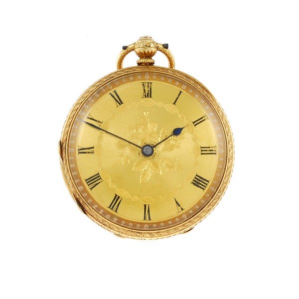 An 18ct yellow gold open face pocket watch.: An open face pocket watch. 18ct yellow gold case, hallmarked London 1876. Unsigned key wind three quarter plate fusee and chain movement with ratchet tooth lever escapement. Gilt dial with Roman numer