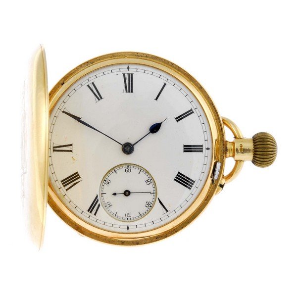 An 18ct yellow gold full hunter pocket watch.: A full hunter pocket watch. 18ct yellow gold case, hallmarked Chester 1907. Numbered 90670. Unsigned keyless wind three quarter plate movement with ratchet tooth lever escapement. White enamel dial wi