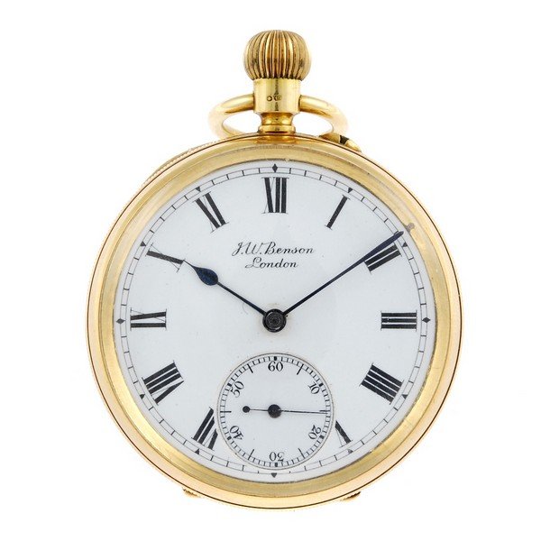 An open face pocket watch by J.W Benson.: An open face pocket watch by J.W Benson. 18ct yellow gold case, hallmarked London 1912. Numbered 578. Signed keyless wind three quarter plate movement with ratchet tooth lever escapement. White enamel