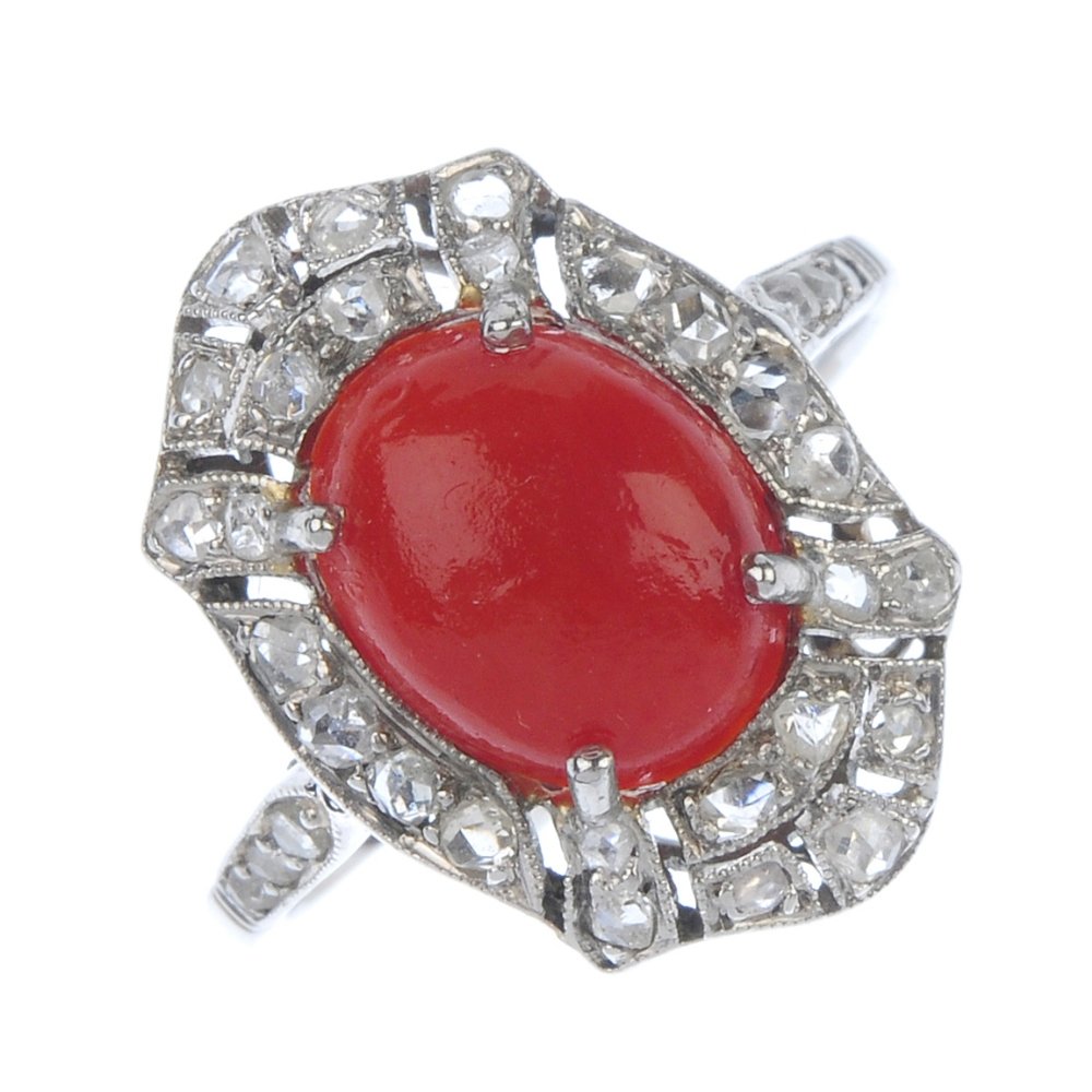 An early 20th century platinum and 18ct gold coral and (1 of 3)