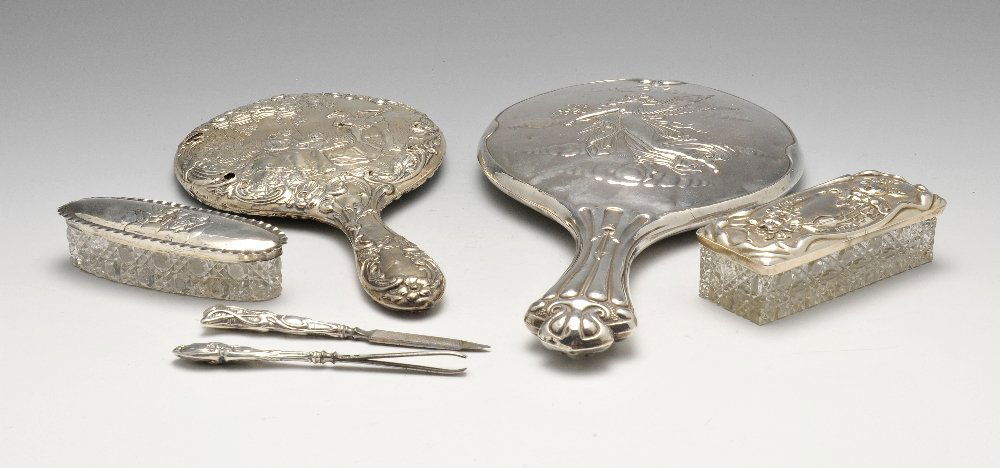 An Art Nouveau silver mounted hand mirror, etc. (1 of 9)