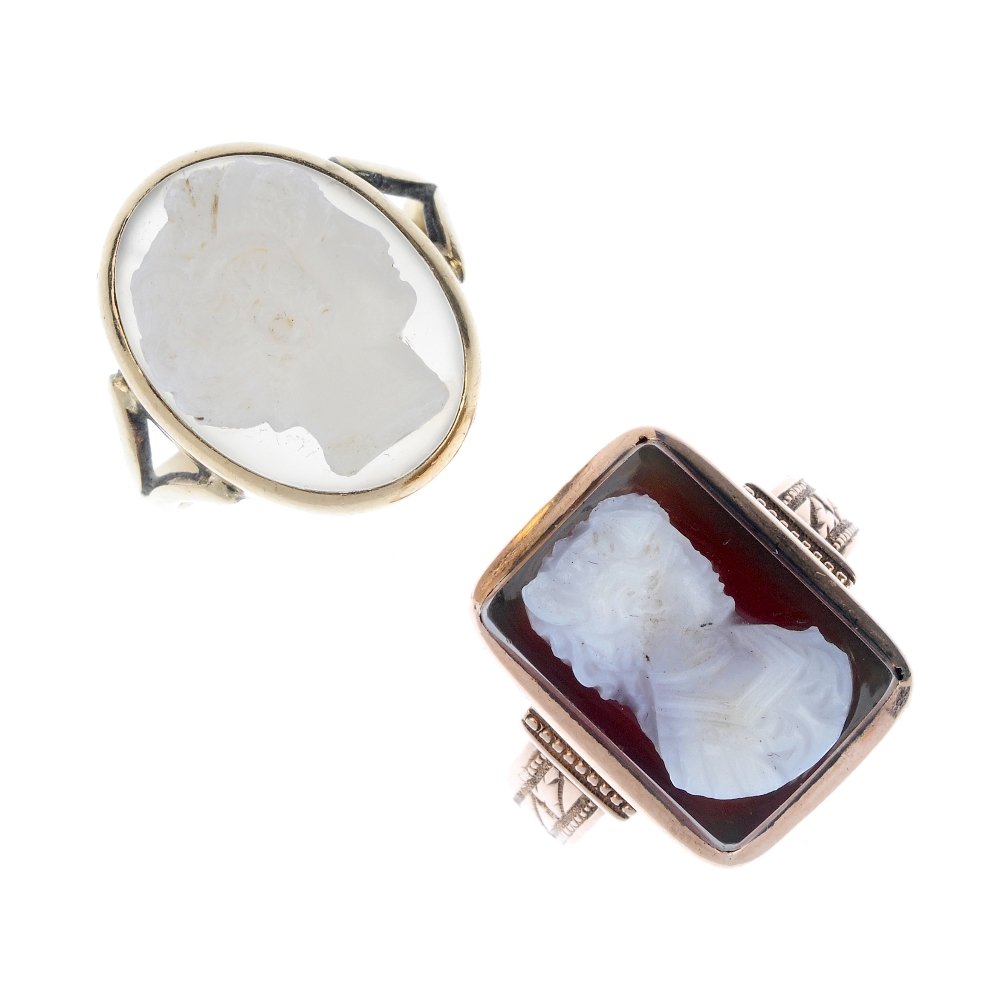Two carnelian cameo rings.: Two carnelian cameo rings. One designed as a rectangular cameo of a lady, to the stepped and engraved shoulders, the other depicting a young classical man. Weight 10.2gms.
