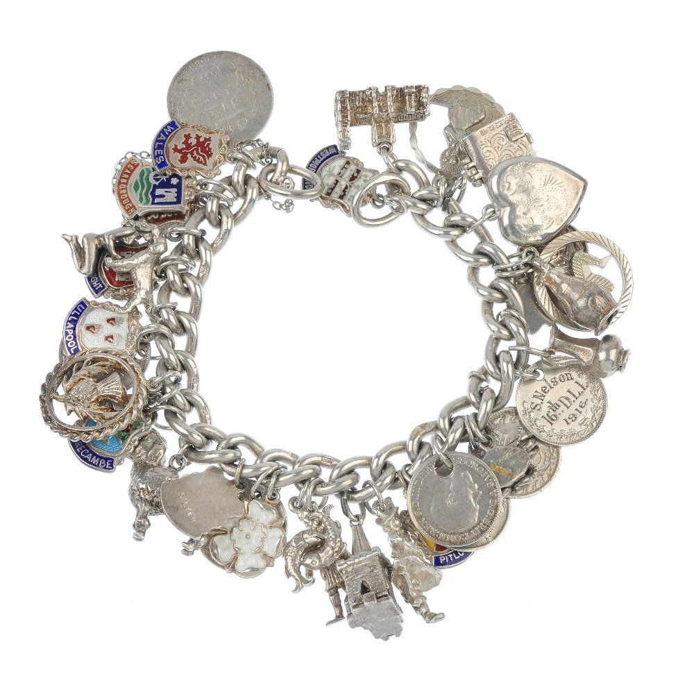 Two silver and white metal charm bracelets.: Two silver and white metal charm bracelets. The curb-link chains, suspending a total of forty-nine charms, to include a heart-shape locket, a sail boat and an English rose. Most with marks to indicate