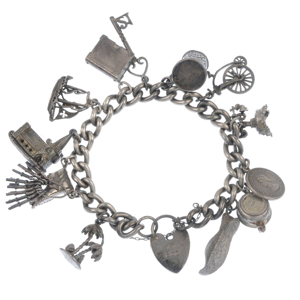 Three charm bracelets.: Three charm bracelets. The two curb-link chains and fancy-link chain suspending thirty-nine charms to include a palm tree and a tennis racket. Weight 166gms.