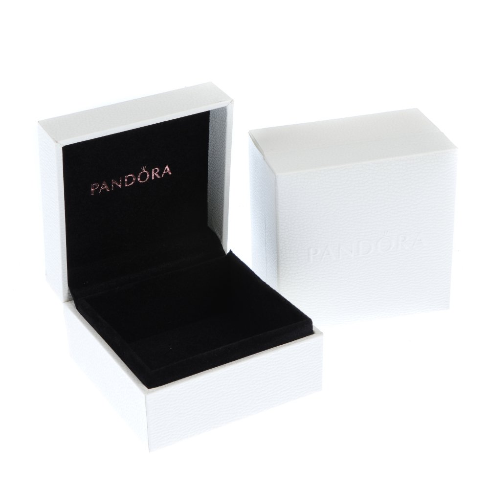 PANDORA - 128 medium gift boxes.: PANDORA - 128 medium gift boxes. Each identical box, featuring maker's logo, designed with a textured cream exterior, black interior and cardboard protective sleeve. Each measuring 4 by 7 by 7cms.
