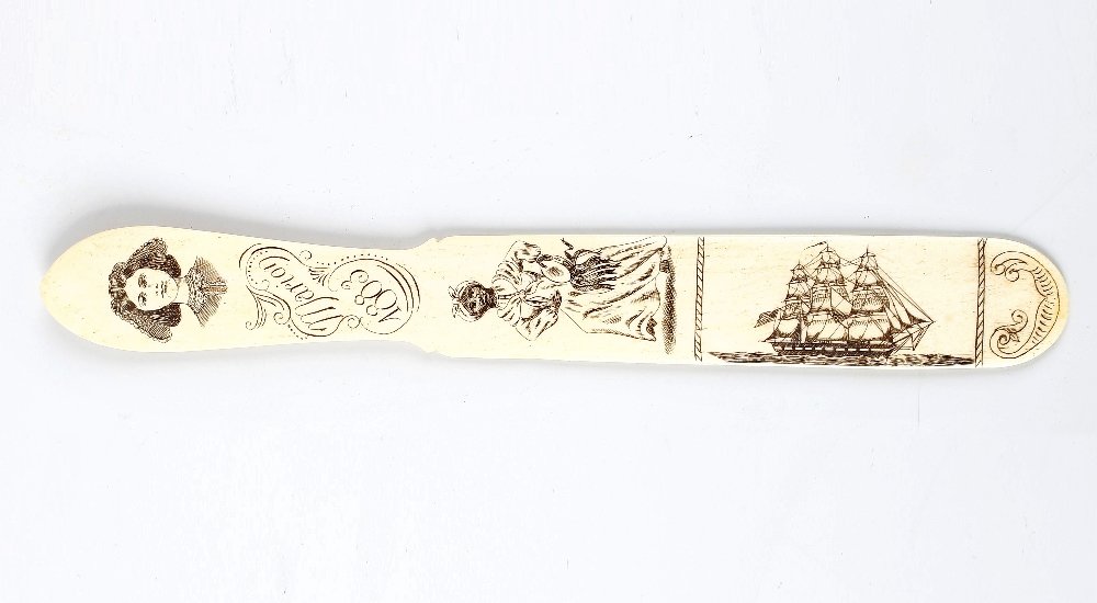 A scrimshaw decorated letter opener: A scrimshaw decorated letter opener depicting the face of a lady in bonnet and frilled collage, a musician and a whaling ship with engraved "Marion 1883", 8.75" (22 cm) long.